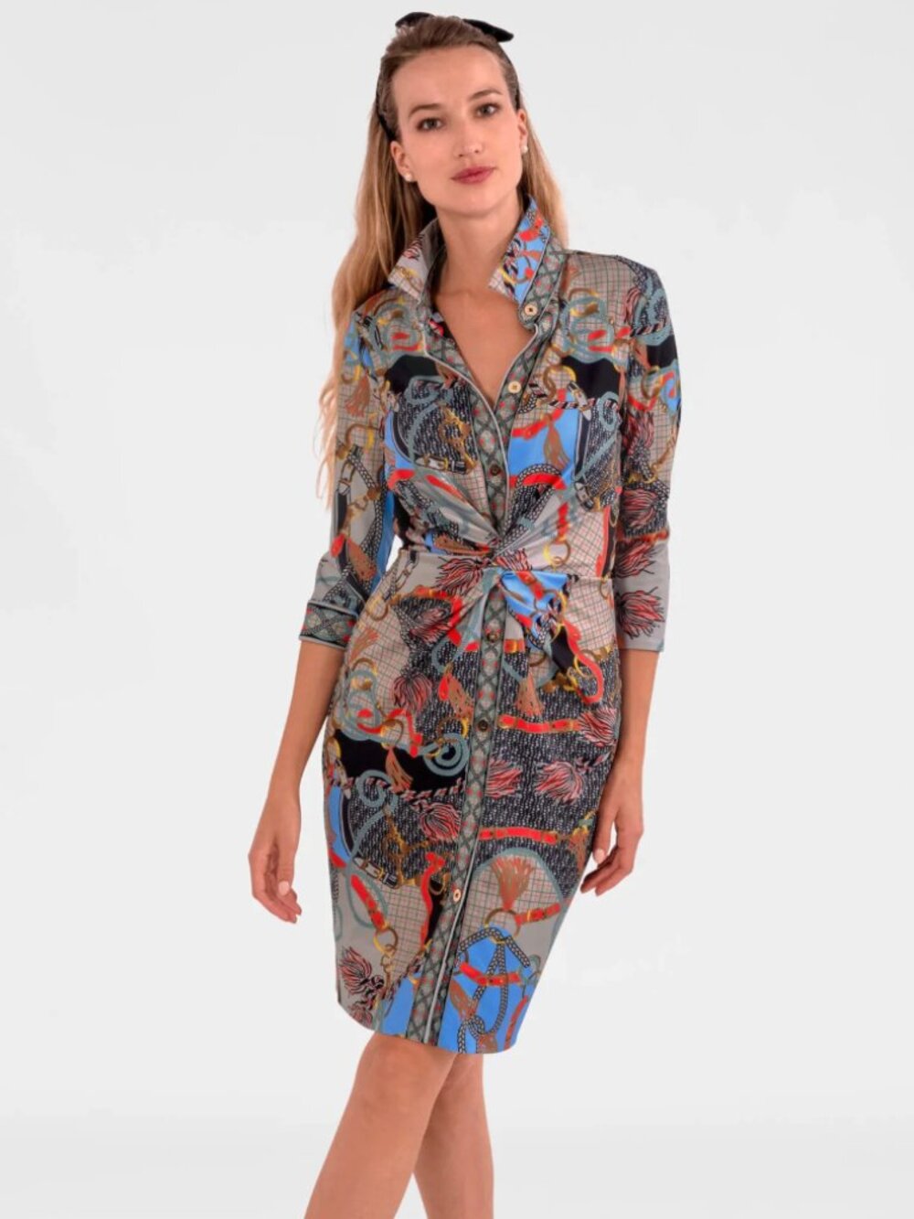 Gretchen Scott Twist & Shout Gathered Waist 3/4 Sleeve Jersey Dress Black, Small